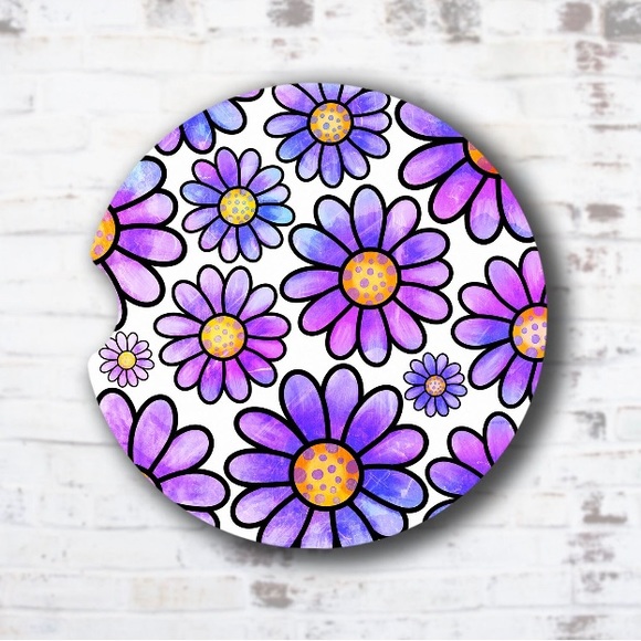 Neoprene Daisy Set  of 2 car coasters. Washable set.☮️ - Picture 2 of 2
